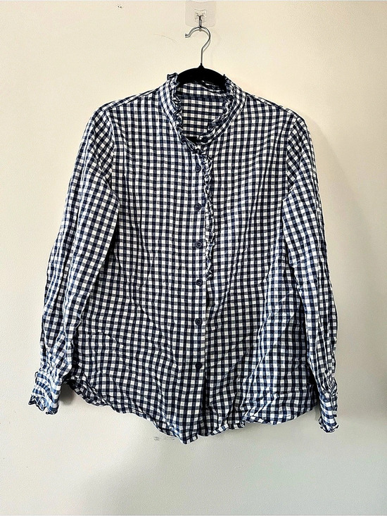 Tops - 100% Cotton Blue White Gingham Ruffle Button Up Shirt Medium Cottagecore Western
